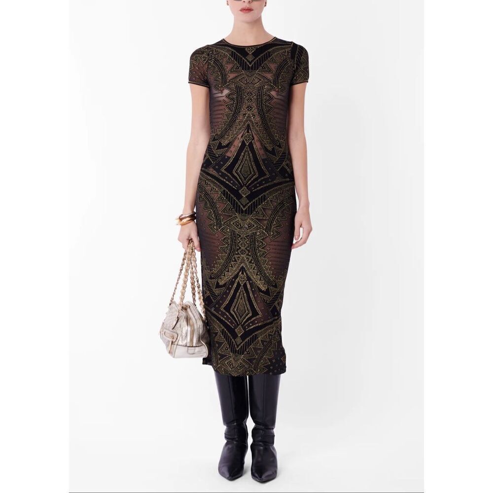Vintage Roberto Cavalli Freedom Black & Gold Semi Sheer Bodycon Midi Dress